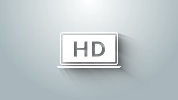 Weißer Laptop-Bildschirm mit HD-Videotechnik-Symbol isoliert auf grauem Hintergrund. 4K Video Motion Grafik Animation — Stockvideo