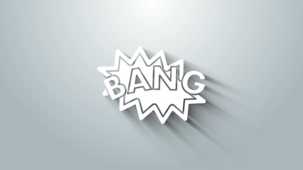 Bang boom bianco, pistola fumetto testo bolla bolla icona isolato su sfondo grigio. Animazione grafica 4K Video motion — Video Stock