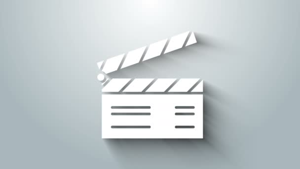 Εικονίδιο του White Movie clapper απομονωμένο σε γκρι φόντο. Σκακιέρα για ταινίες. Πινακίδα με πλακέτες. Κινηματογραφική παραγωγή ή έννοια της βιομηχανίας μέσων μαζικής ενημέρωσης. 4K Γραφική κίνηση κίνησης βίντεο — Αρχείο Βίντεο