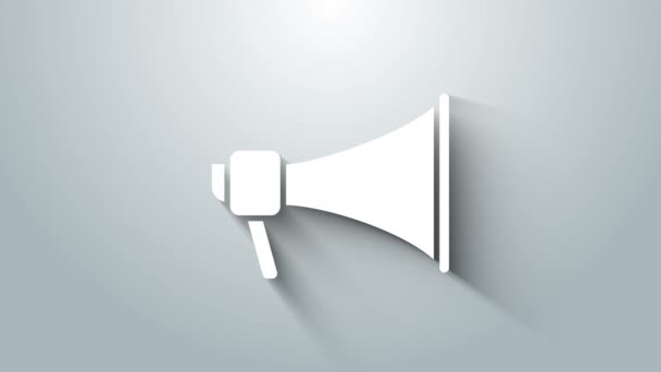 Vit Megafon ikon isolerad på grå bakgrund. Talarskylt. 4K Video motion grafisk animation — Stockvideo