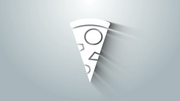 Rebanada blanca del icono de la pizza aislada sobre fondo gris. Animación gráfica de vídeo 4K — Vídeo de stock