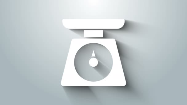 Icono Escalas blancas aisladas sobre fondo gris. Equipo de medición de peso. Animación gráfica de vídeo 4K — Vídeos de Stock