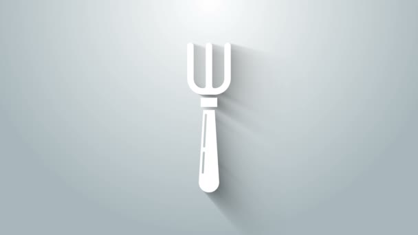 Значок White Fork выделен на сером фоне. Символ столовых приборов. Видеографическая анимация 4K — стоковое видео