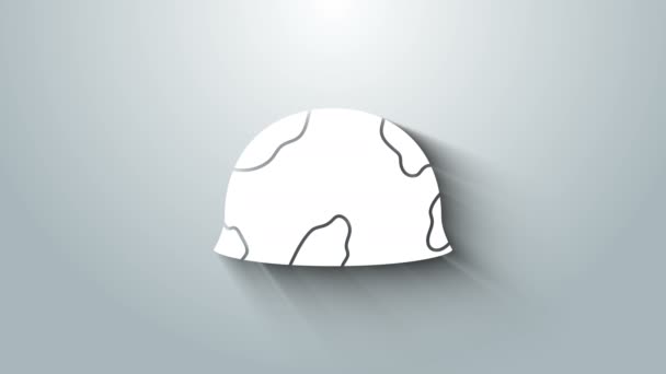 Λευκό Στρατιωτικό κράνος εικονίδιο απομονώνονται σε γκρι φόντο. Στρατιωτικό καπέλο σύμβολο της άμυνας και της προστασίας. Προστατευτικό καπέλο. 4K Γραφική κίνηση κίνησης βίντεο — Αρχείο Βίντεο