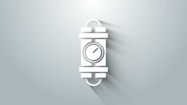 Bianco Detonare dinamite bomba bastone e timer icona dell'orologio isolato su sfondo grigio. Bomba a orologeria - concetto di pericolo di esplosione. Animazione grafica 4K Video motion — Video Stock