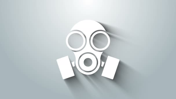 Ikona białej maski gazowej na szarym tle. Znak respiratora. 4K Animacja graficzna ruchu wideo — Wideo stockowe