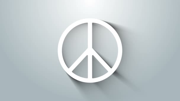 Weiße Friedensikone isoliert auf grauem Hintergrund. Hippie-Symbol für den Frieden. 4K Video Motion Grafik Animation — Stockvideo