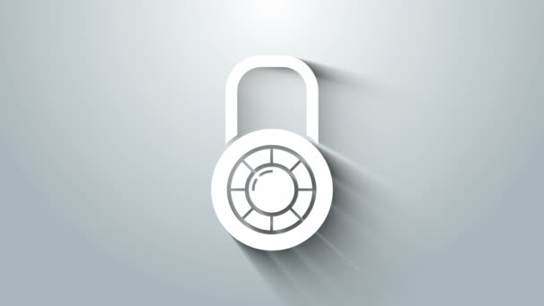 Vit Säker kombination lås hjul ikon isolerad på grå bakgrund. Kombinationshänglås. Säkerhet, skydd, lösenord, sekretess. 4K Video motion grafisk animation — Stockvideo