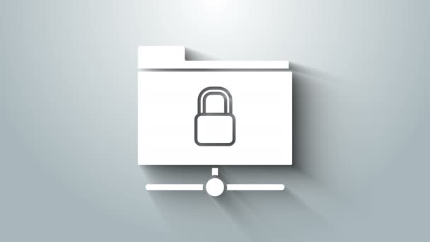 Fehér FTP mappa és zár ikon elszigetelt szürke háttér. A szoftverfrissítés fogalma. Biztonság, biztonság, védelem. 4K Videó mozgás grafikus animáció — Stock videók