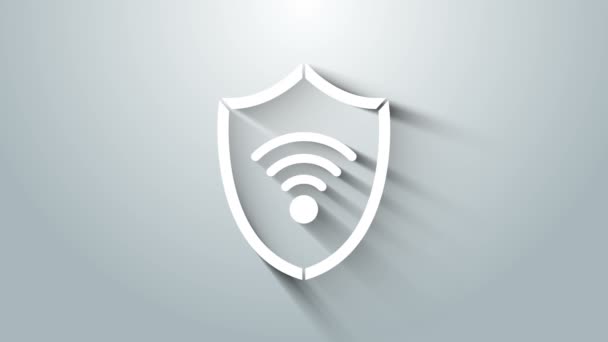 Scudo bianco con icona del simbolo della rete wireless WiFi isolato su sfondo grigio. Concetto di sicurezza. Animazione grafica 4K Video motion — Video Stock