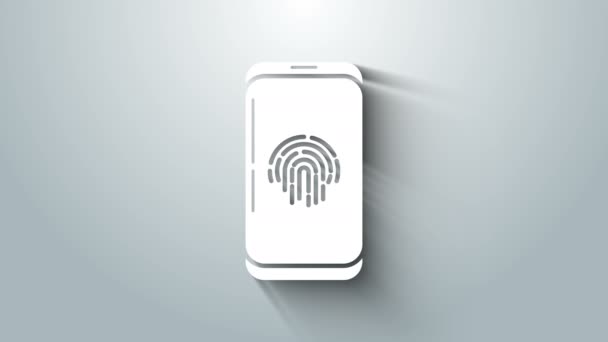 Белый смартфон со значком сканера отпечатков пальцев изолирован на сером фоне. Концепция безопасности, персональный доступ через палец на мобильный телефон. Видеографическая анимация 4K — стоковое видео