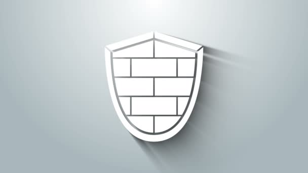 White Shield with cyber security brick wall icon isolated on grey background. Data protection symbol. Firewall logo. Network protection. 4K Video motion graphic animation — Stock Video