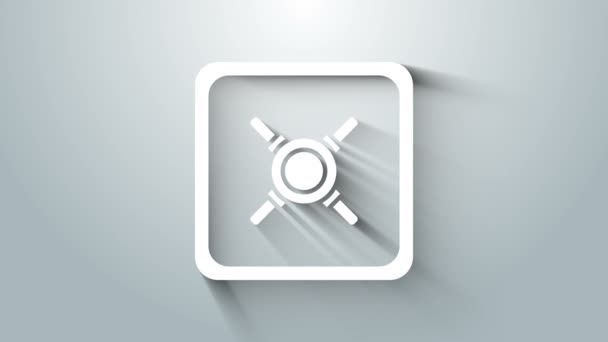 Biała ikona sejfu odizolowana na szarym tle. Drzwi zabezpieczają skarbiec bankowy z zamkiem szyfrowym. Niezawodna ochrona danych. 4K Animacja graficzna ruchu wideo — Wideo stockowe