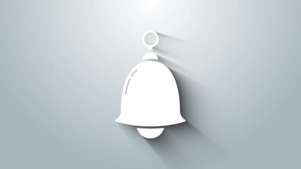 Bílý zvonek ikona izolované na šedém pozadí. Symbol alarmu, služební zvonek, zvonek, oznamovací symbol. Grafická animace pohybu videa 4K — Stock video