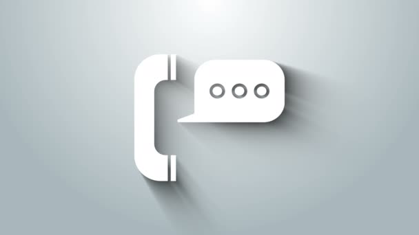 Witte telefoon met spraakbel chat pictogram geïsoleerd op grijze achtergrond. Ondersteuning klantenservice, hotline, call center, faq, onderhoud. 4K Video motion grafische animatie — Stockvideo