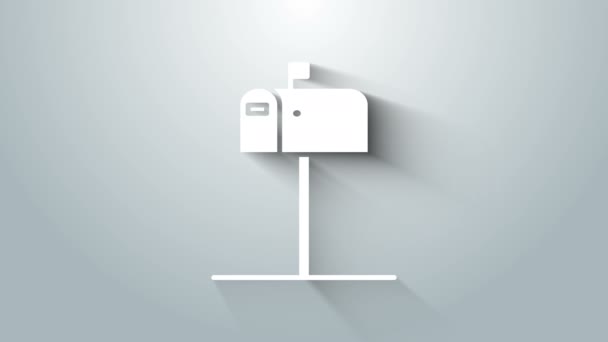 Branco ícone de caixa de correio aberto isolado no fundo cinza. Ícone da caixa de correio. Correio postal no poste com bandeira. Animação gráfica em movimento de vídeo 4K — Vídeo de Stock