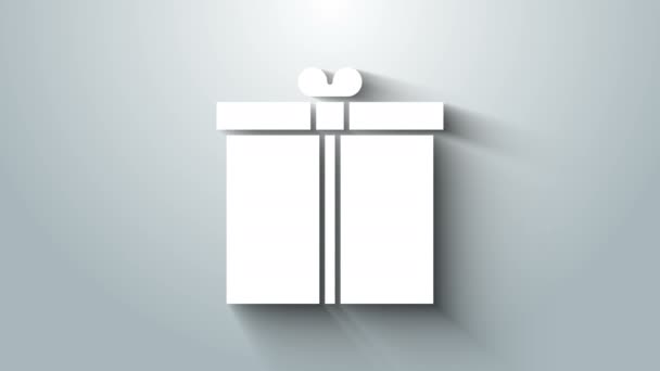 Gri arkaplanda beyaz hediye kutusu simgesi izole edildi. 4K Video hareketli grafik canlandırması — Stok video