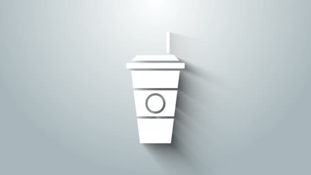 Biała ikona filiżanki kawy izolowane na szarym tle. Jednorazowy kubek kawy z gorącą kawą. 4K Animacja graficzna ruchu wideo — Wideo stockowe