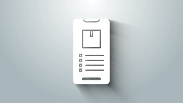 Vit mobil smart telefon med app leverans spårnings ikon isolerad på grå bakgrund. Paketspårning. 4K Video motion grafisk animation — Stockvideo