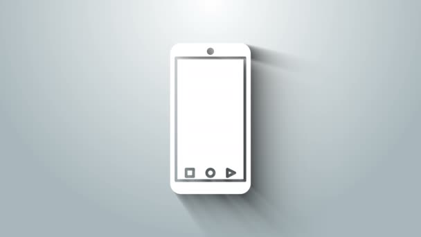 Witte mobiele smartphone met app delivery tracking icoon geïsoleerd op grijze achtergrond. Pakketpost volgen. 4K Video motion grafische animatie — Stockvideo