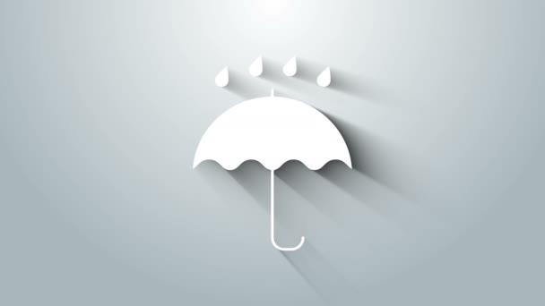 Λευκή ομπρέλα και σταγόνες βροχής εικονίδιο απομονώνονται σε γκρι φόντο. Αδιάβροχο εικονίδιο. Προστασία, ασφάλεια, έννοια ασφάλειας. Υδατικό σύμβολο. 4K Γραφική κίνηση κίνησης βίντεο — Αρχείο Βίντεο