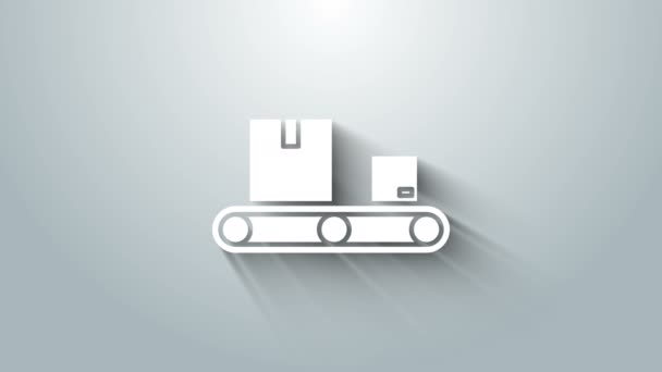 Fehér szállítószalag kartondobozos ikonnal, szürke háttérrel. 4K Videó mozgás grafikus animáció — Stock videók