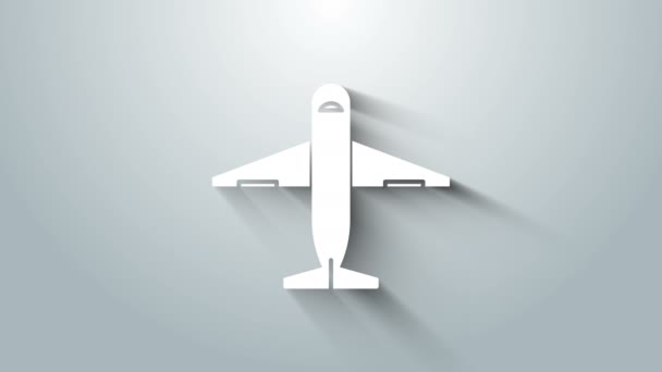 Weißes Flugzeug-Symbol isoliert auf grauem Hintergrund. Lieferung, Transport. Frachtlieferung auf dem Luftweg. Flugzeug mit Paketen, Kisten. 4K Video Motion Grafik Animation — Stockvideo
