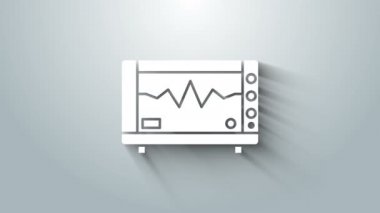 Gri arkaplanda kardiyogram simgesi olan beyaz bilgisayar monitörü izole edildi. Simge denetleniyor. Kalp atışı elle çizilmiş EKG monitörü. 4K Video hareketli grafik canlandırması