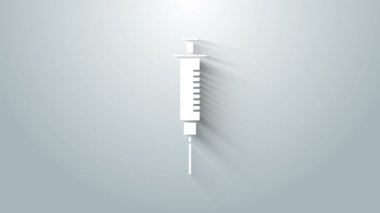 Gri arkaplanda beyaz şırınga simgesi izole edildi. Aşı için şırınga, aşı, iğne, grip aşısı. Tıbbi ekipman. 4K Video hareketli grafik canlandırması
