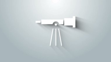 Beyaz Teleskop simgesi gri arkaplanda izole edildi. Bilimsel bir alet. Eğitim ve astronomi elementi, dürbün ve çalışma yıldızları. 4K Video hareketli grafik canlandırması