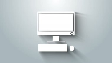 Klavye ve fare simgesine sahip beyaz bilgisayar monitörü gri arkaplanda izole edildi. Bilgisayar bileşeni işareti. 4K Video hareketli grafik canlandırması