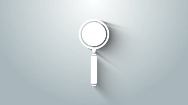 Gri arkaplanda beyaz büyüteç simgesi izole edildi. Arama, odaklanma, yakınlaştırma, iş sembolü. 4K Video hareketli grafik canlandırması