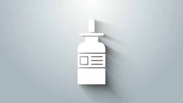 Weißglasflasche mit Pipettensymbol auf grauem Hintergrund. Behälter für medizinische und kosmetische Produkte. 4K Video Motion Grafik Animation — Stockvideo