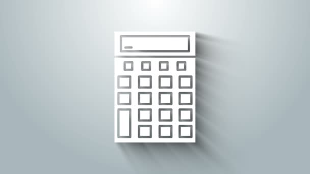 Icono de la calculadora blanca aislado sobre fondo gris. Símbolo contable. Cálculos de negocio matemáticas educación y finanzas. Animación gráfica de vídeo 4K — Vídeos de Stock