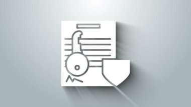 Gri arkaplanda kalkan simgesi olan beyaz belge. Anahtar sigortası. Güvenlik, güvenlik, koruma, konsept koruma. 4K Video hareketli grafik canlandırması