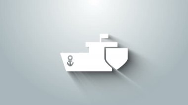 Gri arkaplanda kalkan simgesi olan beyaz gemi. Sigorta konsepti. Güvenlik, güvenlik, koruma, konsept koruma. 4K Video hareketli grafik canlandırması