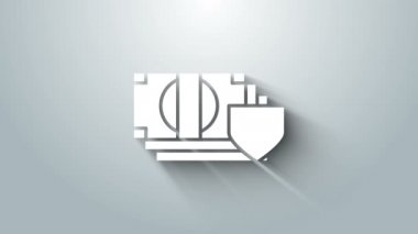 Beyaz Para ve kalkan simgesi gri arka planda izole edildi. Sigorta konsepti. Güvenlik, güvenlik, koruma, konsept koruma. 4K Video hareketli grafik canlandırması