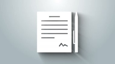 Gri arkaplanda kalem simgesi olan beyaz kontrat. Dosya simgesi. Kontrol listesi simgesi. İş konsepti. 4K Video hareketli grafik canlandırması