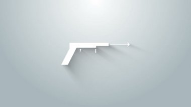 Beyaz Balıkçılık zıpkın ikonu gri arka planda izole edildi. Suyun altında balık yakalamak için balıkçılık üreticileri. Su altı ekipmanları. 4K Video hareketli grafik canlandırması