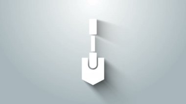 Beyaz Kürek simgesi gri arkaplanda izole edildi. Bahçe aletleri. Bahçecilik, tarım, çiftçilik aleti. 4K Video hareketli grafik canlandırması