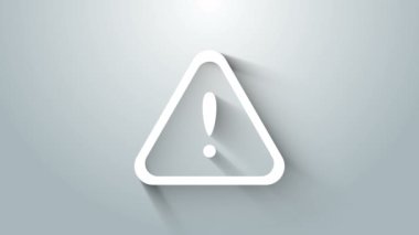Gri arkaplanda, üçgen simgesinde beyaz ünlem işareti var. Tehlike uyarısı, dikkat, dikkat, tehlike uyarısı önemli bir işaret. 4K Video hareketli grafik canlandırması