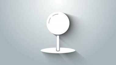 Beyaz İtiş iğne simgesi gri arkaplanda izole edildi. Raptiye işareti. 4K Video hareketli grafik canlandırması