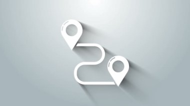 Beyaz Yol konum simgesi gri arkaplanda izole edildi. Harita işaretçisi işareti. Yol ya da yol kavramı. GPS navigatörü. 4K Video hareketli grafik canlandırması