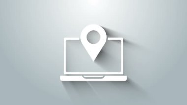 Gri arkaplanda konum belirleyici simgesi olan beyaz dizüstü bilgisayar. 4K Video hareketli grafik canlandırması