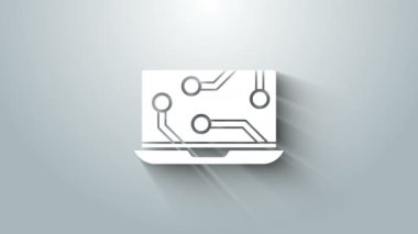 Gri arkaplanda beyaz dizüstü bilgisayar simgesi izole edildi. Teknoloji ve cihazlar konsepti... 4K Video hareketli grafik animasyonu