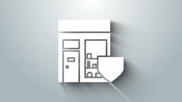 Hvid Indkøbsbygning med skjold ikon isoleret på grå baggrund. Forsikringskoncept Sikkerhed, sikkerhed, beskyttelse, beskytte koncept. 4K Video bevægelse grafisk animation – Stock-video