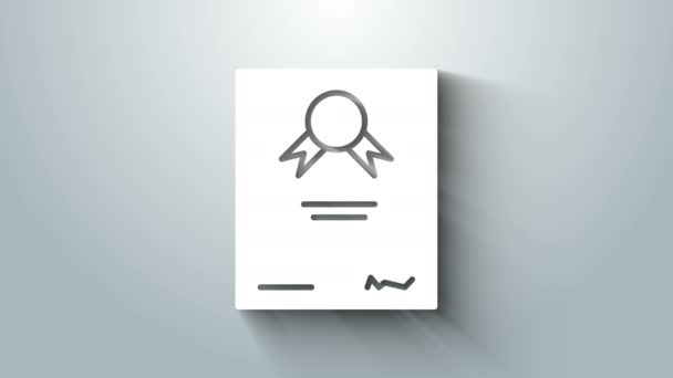Wit certificaat sjabloon pictogram geïsoleerd op grijze achtergrond. Bereik, prijs, graad, beurs, diploma. Zakelijk succes certificaat. 4K Video motion grafische animatie — Stockvideo