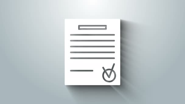 Bílý Potvrzený dokument a zaškrtněte ikonu izolovanou na šedém pozadí. Ikona seznamu. Obchodní koncept. Grafická animace pohybu videa 4K — Stock video