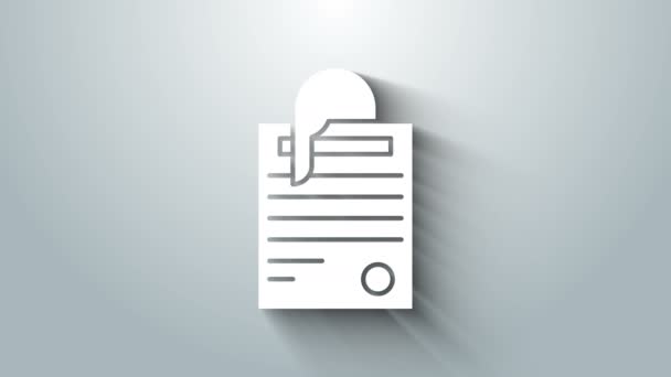Bílý dokument a ikona sponky na papír izolované na šedém pozadí. Ikona seznamu. Obchodní koncept. Grafická animace pohybu videa 4K — Stock video
