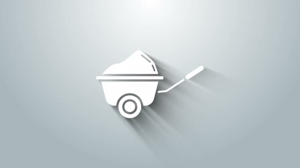 Carrinho de mão branco com ícone de sujeira isolado em fundo cinza. Equipamento de ferramentas. Carrinho de agricultura fazenda roda. Animação gráfica em movimento de vídeo 4K — Vídeo de Stock